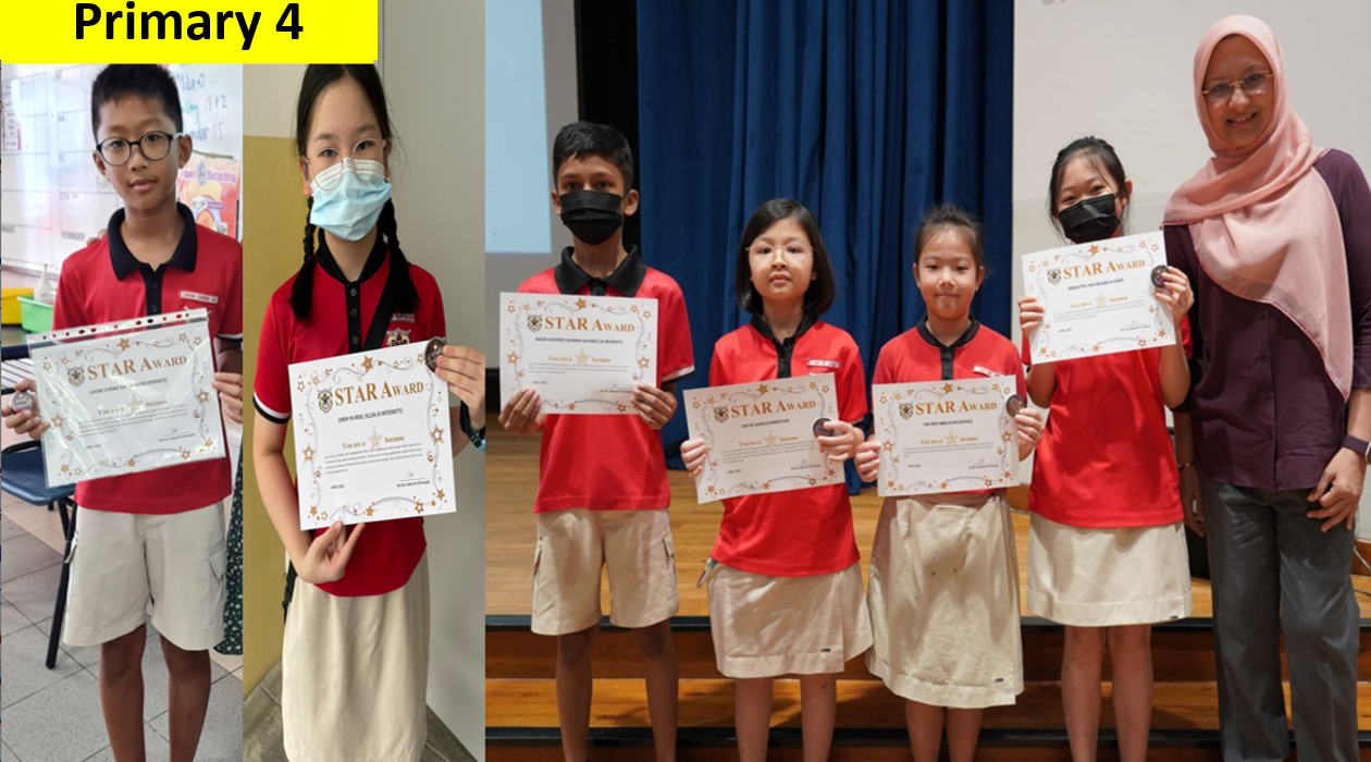 Primary 4 students in red uniforms holding Star Award certificates, with a teacher in a hijab on stage.